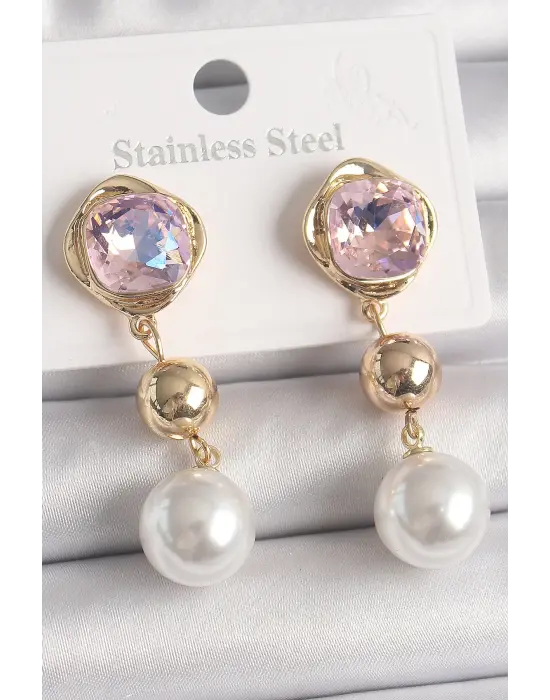  Altın Pembe Zirkon Taşlı Sallantı İnci Detay Çelik Küpe