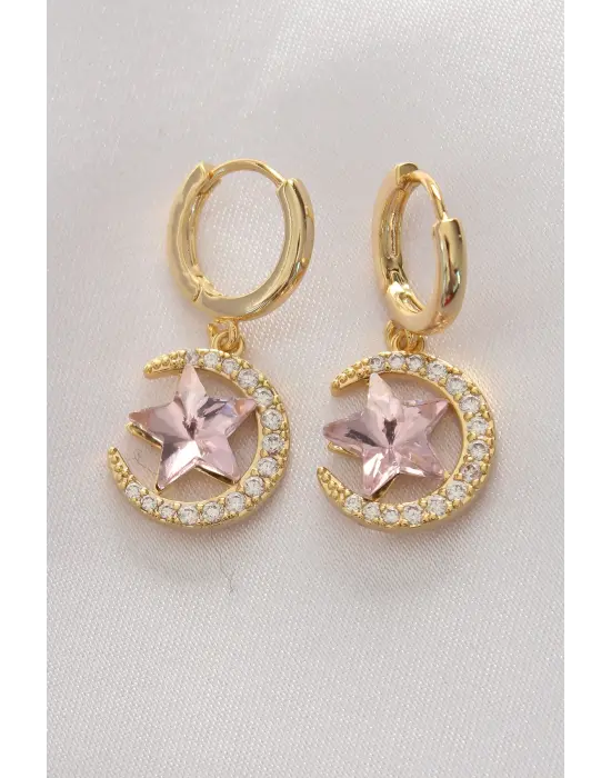  Altın Pembe Zirkon Taşlı Yıldız Detay Ay Küpe