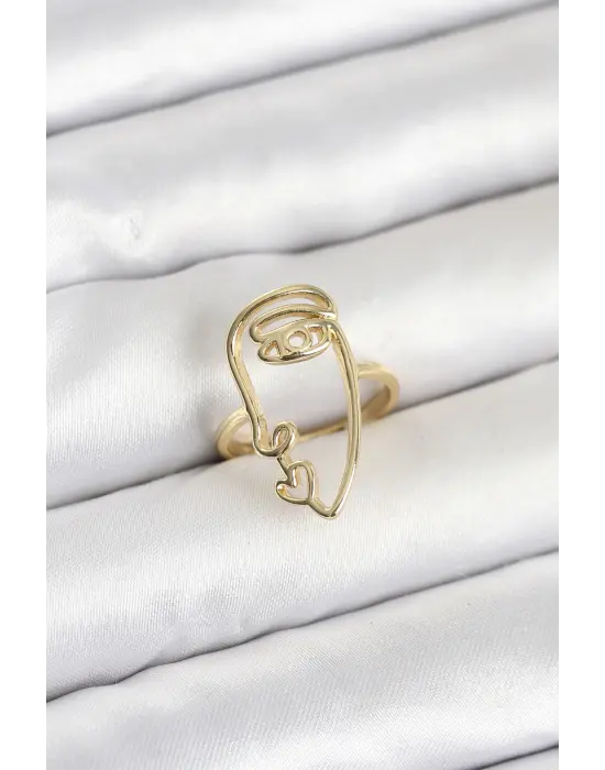 Pirinç Gold Renk Picasso Tarzı Tek Çizgi Yüz Model Kadın Yüzük