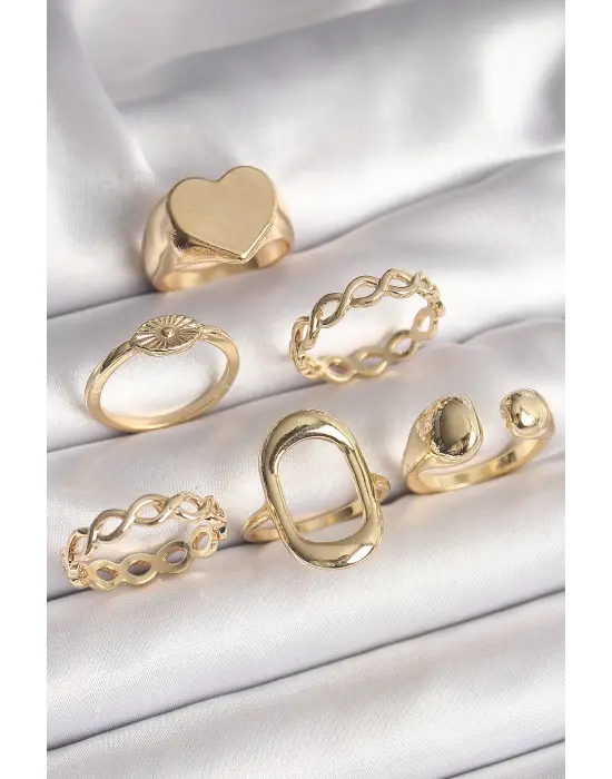  Altın Plaka Kalp Model Göz İşleme Detayı 6Lı Çelik Yüzük Seti