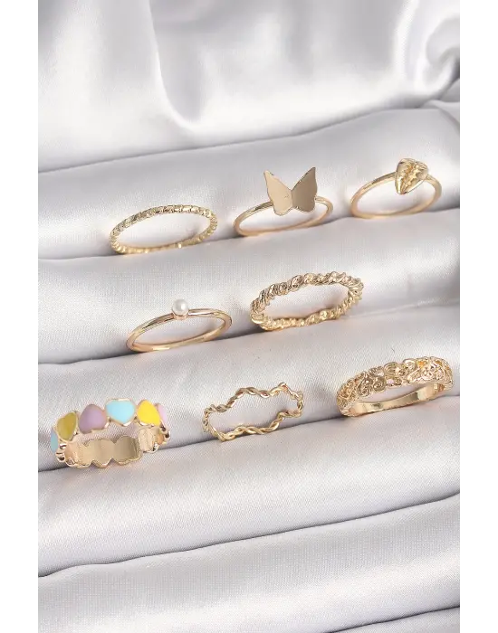 Pirinç Gold Renk Renkli Kalp Model İnci Detay Kadın Yüzük Kombini