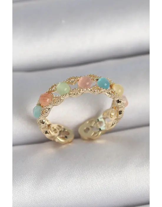 Pirinç Gold Renk Renkli Mineli Ayarlanabilir Model Kadın Kolye