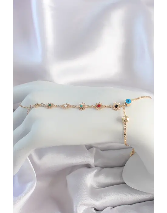 Pirinç Gold Renk Renkli Taşlı Çiçek Model Nazar Boncuk Detay Şahmeran