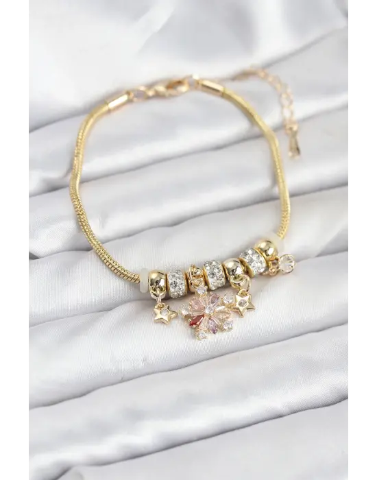 Çelik Gold Renk Renkli Yıldız Charmlı Kadın Bileklik