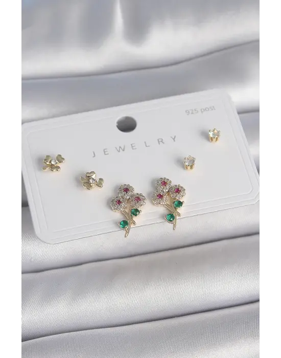 Pirinç Gold Renk Renkli Zirkon Taşlı Çiçek Model Yaprak Detay 925 Ayar Gümüş Çivi Kadın Küpe Seti