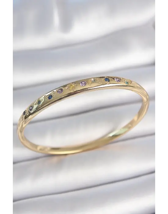 Pirinç Gold Renk Renkli Zirkon Taşlı Hilal Yıldız İşlemeli Kadın Kelepçe