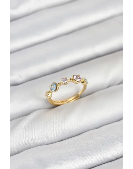 Pirinç Gold Renk Renkli Zirkon Taşlı Kadın Yüzük