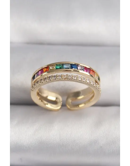  Altın Renkli Zirkon Taşlı Çelik Yüzük