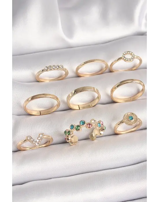 Pirinç Gold Renk Renkli Zirkon Taşlı Kadın Yüzük Kombini