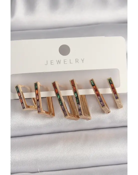  Altın Renkli Zirkon Taşlı Kare Model Çelik Küpe Seti