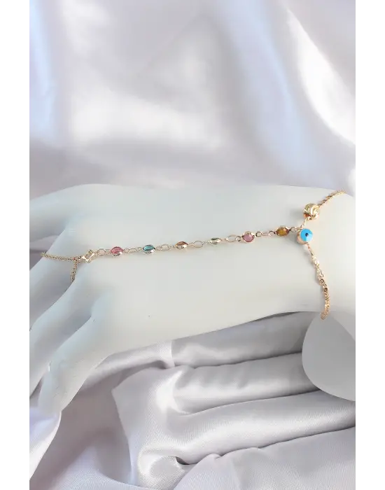 Pirinç Gold Renk Renkli Zirkon Taşlı Nazar Boncuk Detay Şahmeran