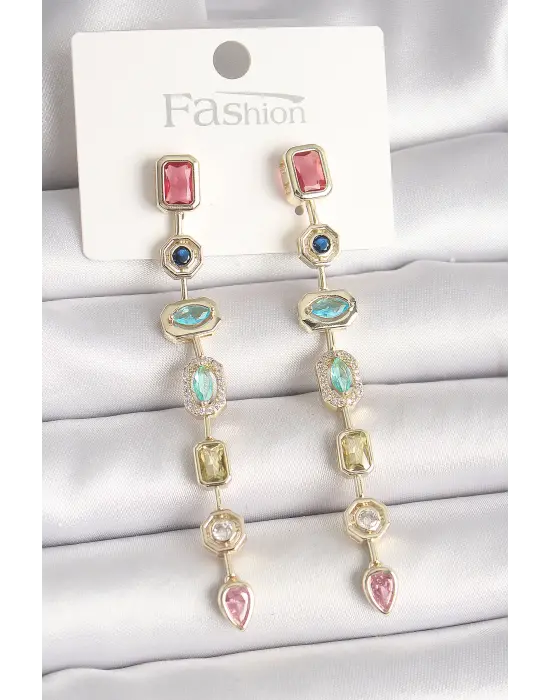 Pirinç Gold Renk Renkli Zirkon Taşlı Sallantı Model Kadın Küpe