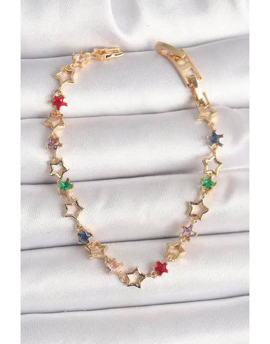 Pirinç Gold Renk Renkli Zirkon Taşlı Yıldız Model Kadın Bileklik
