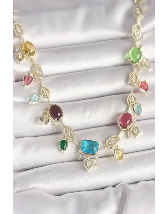 Pirinç Gold Renk Renli Zirkon Taşlı VIP Seri Kadın Kolye