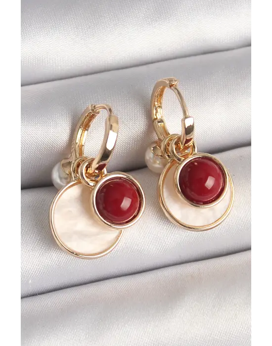 Pirinç Gold Renk Sallantı Beyaz Mineli Bordo Detay Kadın Küpe