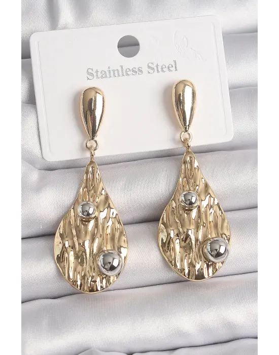  Altın Sallantı Damla Model Gümüş Top Detay Çelik Küpe