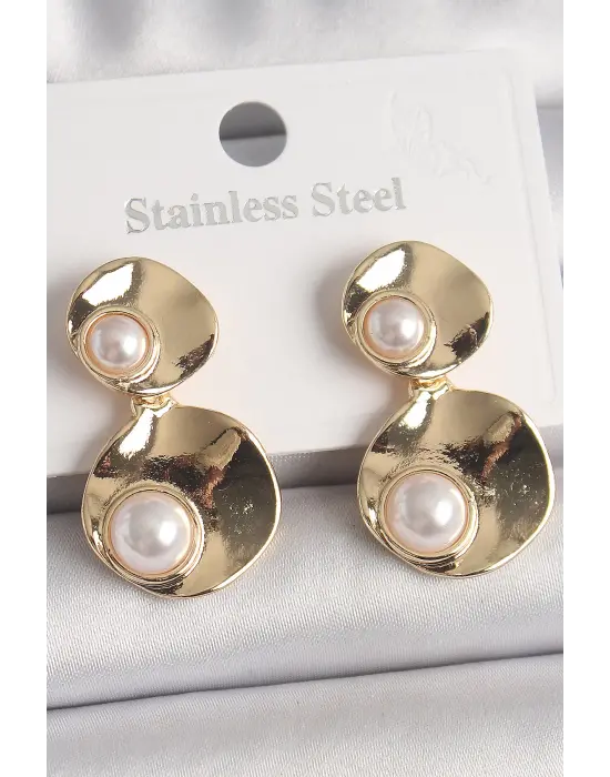  Altın Sallantı İnci Detaylı Daire Plaka Model Çelik Küpe