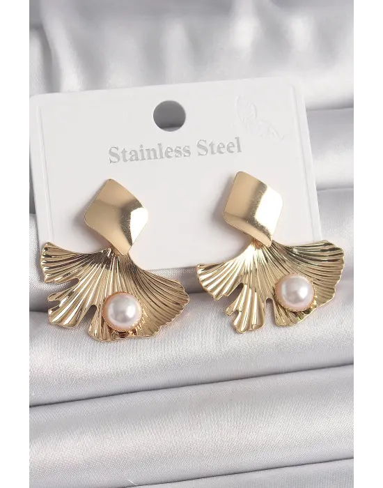  Altın Sallantı İnci Detaylı Yaprak Model Çelik Küpe