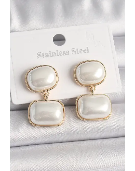 Altın Sallantı İncili Kare Model Çelik Küpe