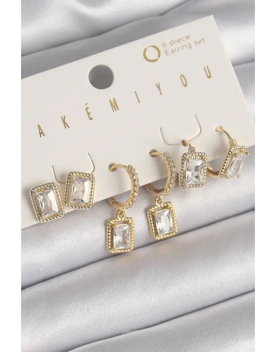  Altın Sallantı Kare Zirkon Taşlı VIP Seri Çelik Küpe Seti