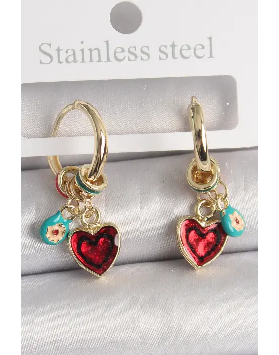  Altın Sallantı Kırmızı Kalp Model Çiçek Detay Çelik Küpe