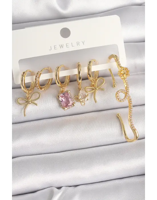 Pirinç Gold Renk Sallantı Kurdele Model Pembe Kare Zirkon Taşlı Kadın Küpe Seti