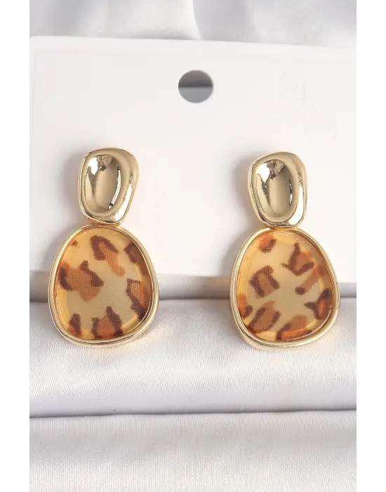 Pirinç Gold Renk Sallantı Leopar Desen Kare Model Kadın Küpe