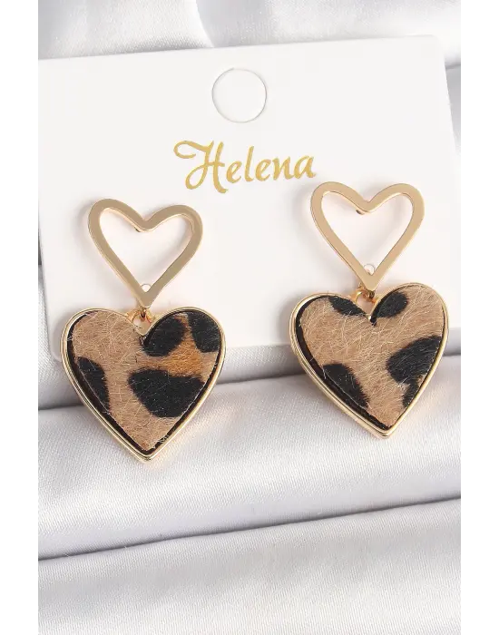 Pirinç Gold Renk Sallantı Leopar Kalp Model Kadın Küpe