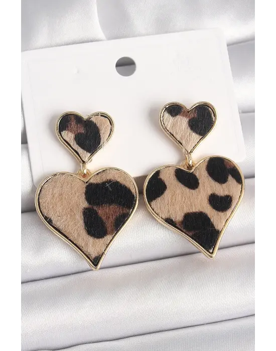 Pirinç Gold Renk Sallantı Leopar Kalp Model Kadın Küpe