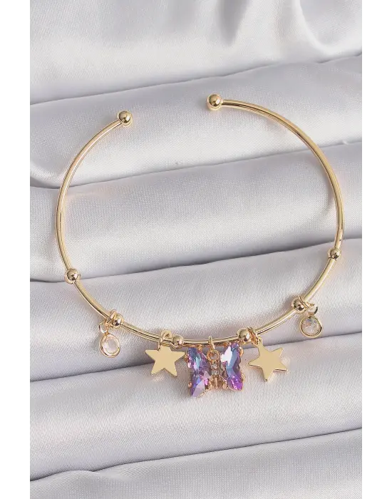 Pirinç Gold Renk Sallantı Mor Zirkon Taşlı Kelebek Figür Yıldız Detay Charm Bileklik