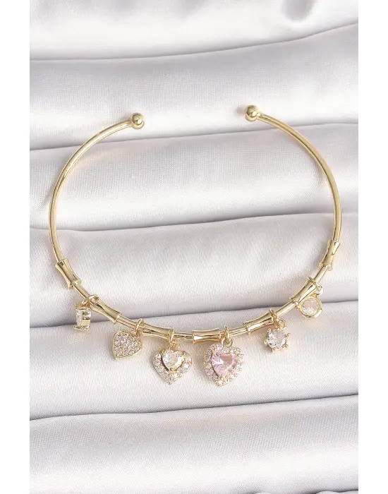 Pirinç Gold Renk Sallantı Pembe Zirkon Taşlı Kalp Figür Charm Kadın Bileklik