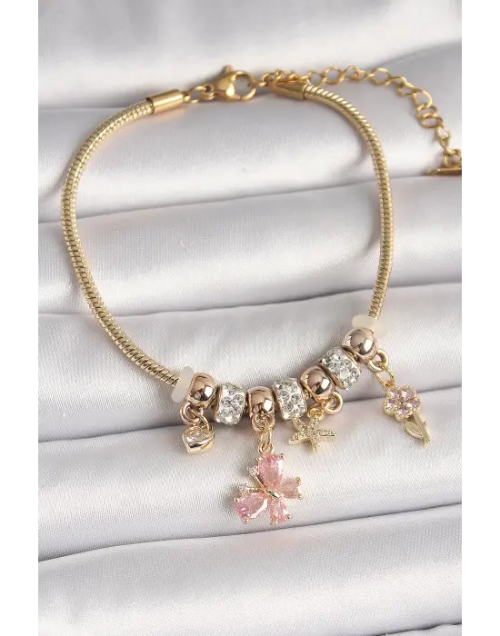 Pirinç Gold Renk Sallantı Pembe Zirkon Taşlı Kelebek Figür Çiçek Detay Charm Kadın Bileklik