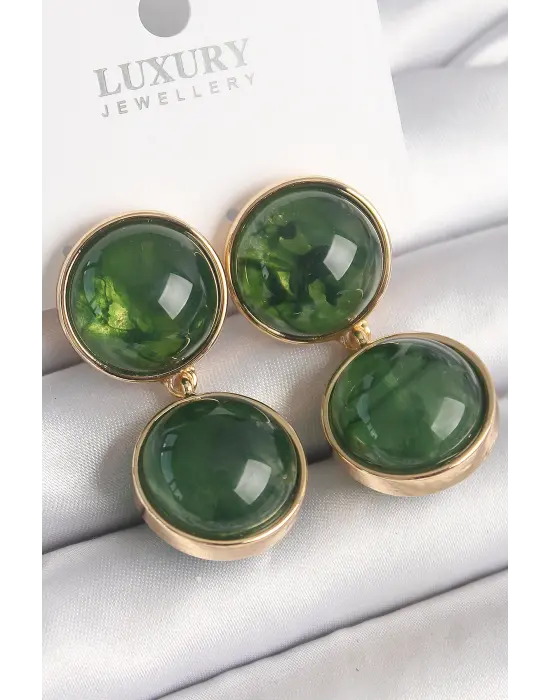  Altın Sallantı Yeşil Mineli Daire Model Çelik Küpe