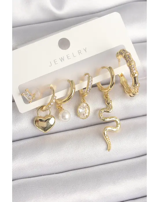 Pirinç Gold Renk Sallantı Yılan Model Zirkon Taşlı Halka Kilit Kalp Detay Kadın Küpe Seti