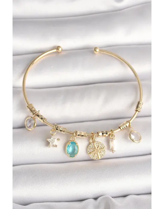Pirinç Gold Renk Sallantı Zirkon Taş Detaylı Pusula Figür Charm Kadın Bileklik