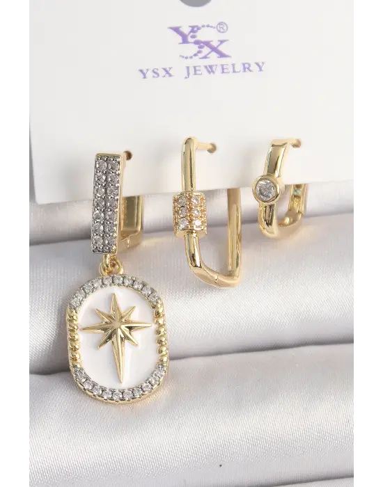 Pirinç Gold Renk Sallantı Zirkon Taş İşlmeli Yıldız Portre Model 3Lü Kadın Kombin Küpe