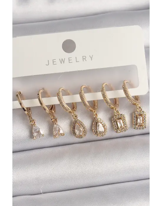  Altın Sallantı Zirkon Taşı Damla Model Çelik Küpe Seti