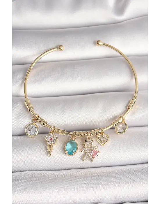 Pirinç Gold Renk Sallantı Zirkon Taşlı AYıcık Figür Kalp Detay Charm Kadın Bileklik