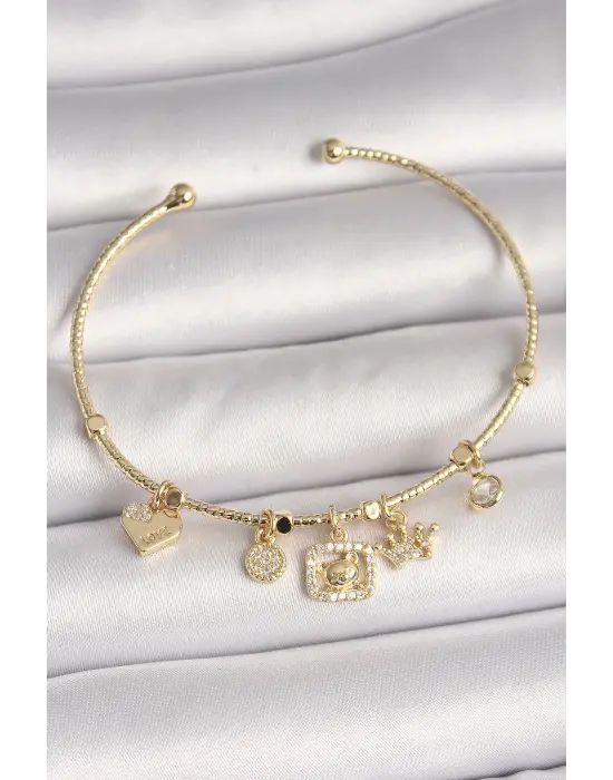 Pirinç Gold Renk Sallantı Zirkon Taşlı Ayıcık Figür Taç Detay Charm Kadın Bileklik