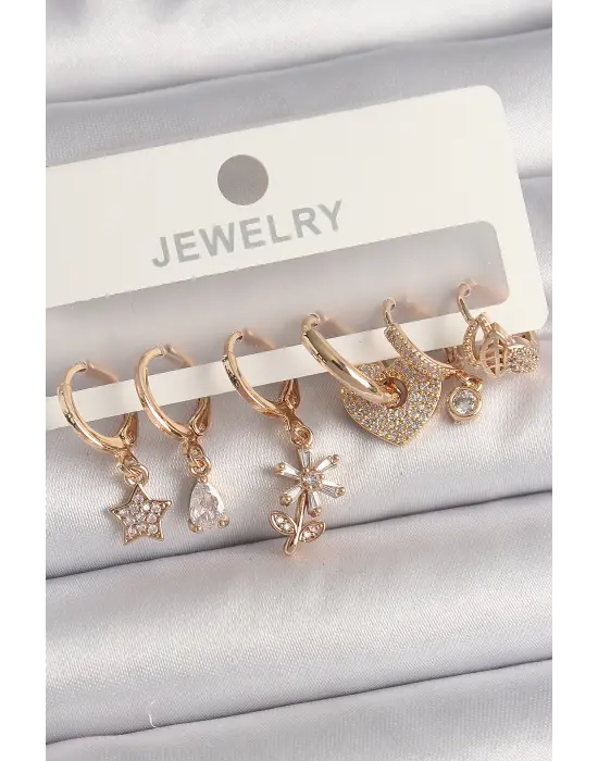  Altın Sallantı Zirkon Taşlı Çiçek Kalp Figür Çelik Küpe Seti