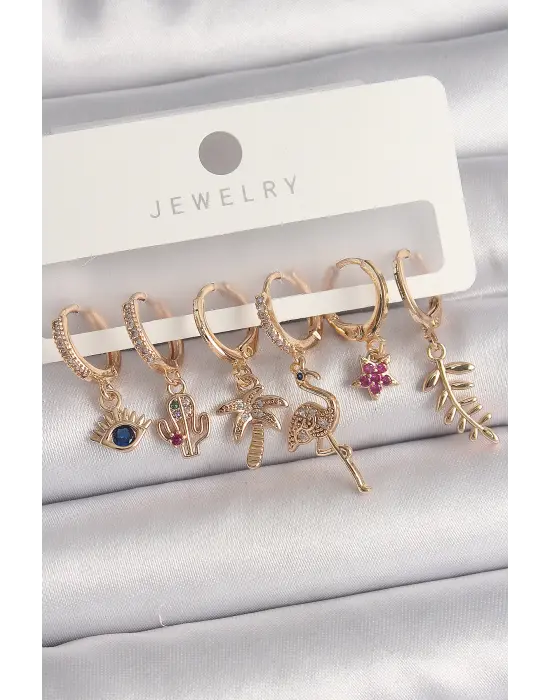  Altın Sallantı Zirkon Taşlı Deve Kuşu Figür Çoklu Çelik Küpe Seti