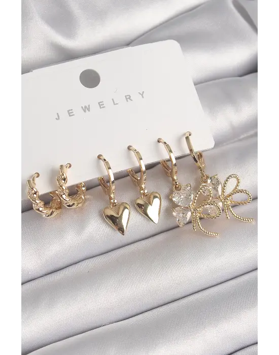  Altın Sallantı Zirkon Taşlı Düğüm Yonca Model Kalp Detay Çelik Küpe Seti