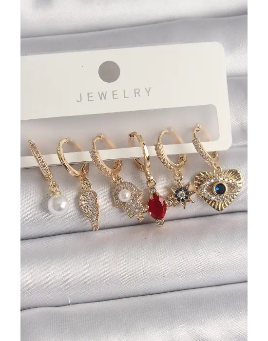 Altın Sallantı Zirkon Taşlı Fatma Ana El Figür Çelik Küpe Seti