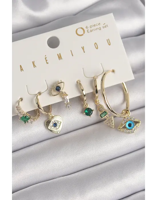  Altın Sallantı Zirkon Taşlı Göz Figür VIP Seri Çelik Küpe Seti