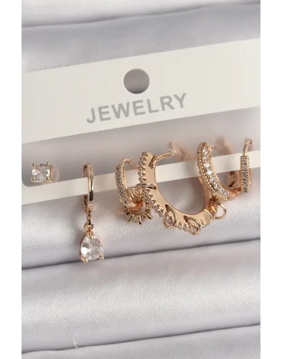  Altın Sallantı Zirkon Taşlı Halka Model Damla Zirkon Taş Detay Çoklu Çelik Küpe Seti
