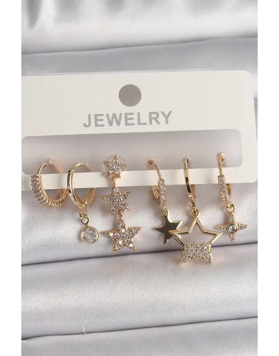  Altın Sallantı Zirkon Taşlı Çelik Küpe Seti