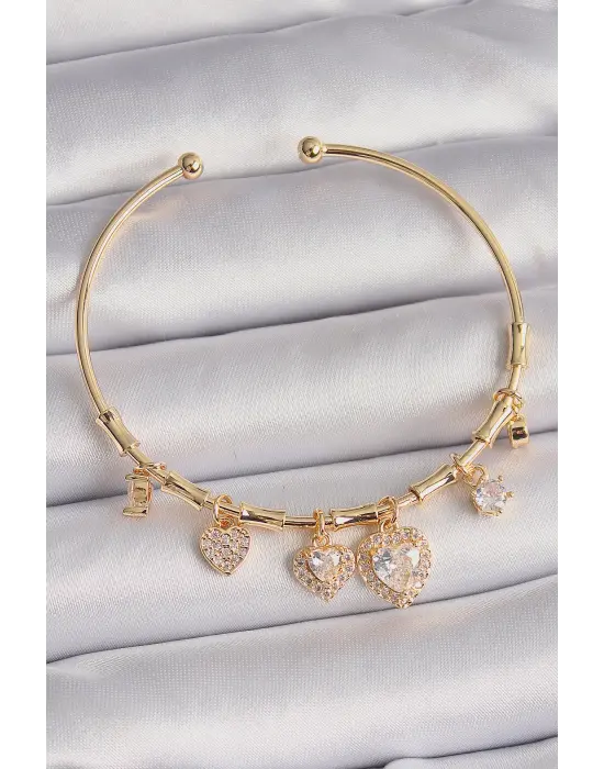 Pirinç Gold Renk Sallantı Zirkon Taşlı Kalp Figür Charm Bileklik