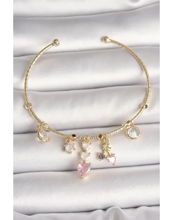 Pirinç Gold Renk Sallantı Zirkon Taşlı Kalp Figür Pembe Kalp Detay Charm Kadın Bileklik