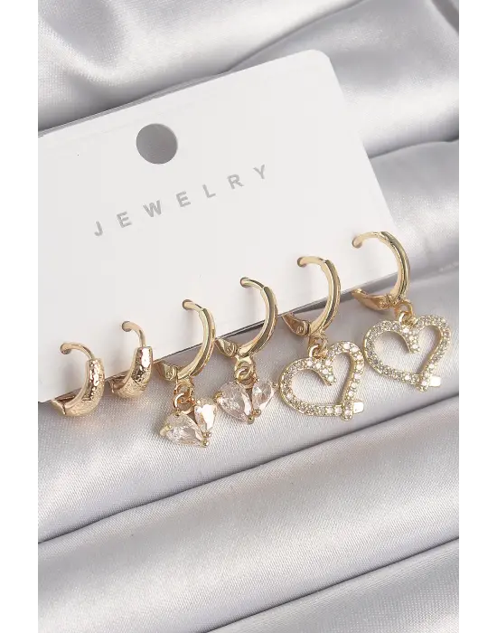  Altın Sallantı Zirkon Taşlı Kalp Model Halka Detay Çelik Küpe Seti