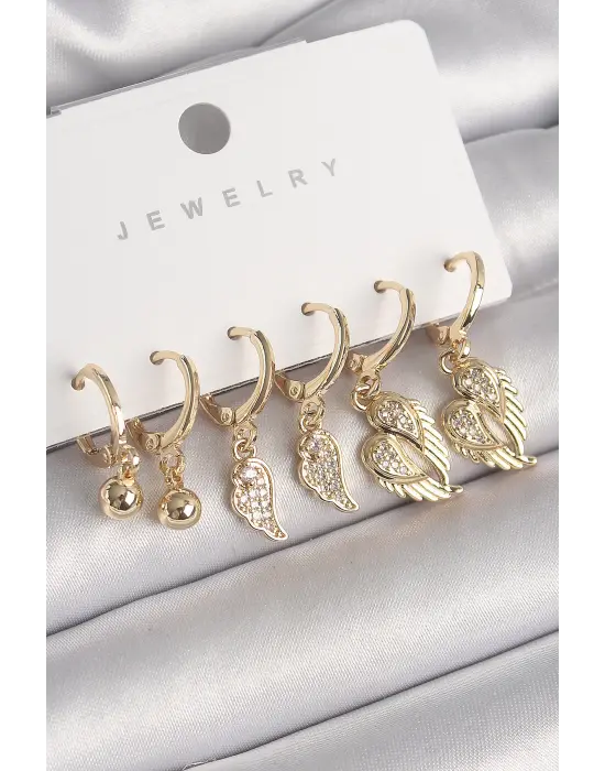  Altın Sallantı Zirkon Taşlı Kanat Model Topçuk Detay Çelik Küpe Seti